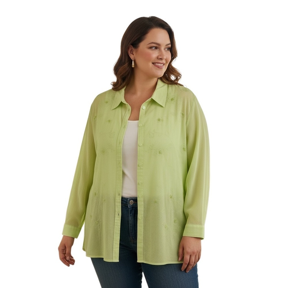 DRAPERS & DAMONS 3X Light Green Sequin Floral Button Down Blouse